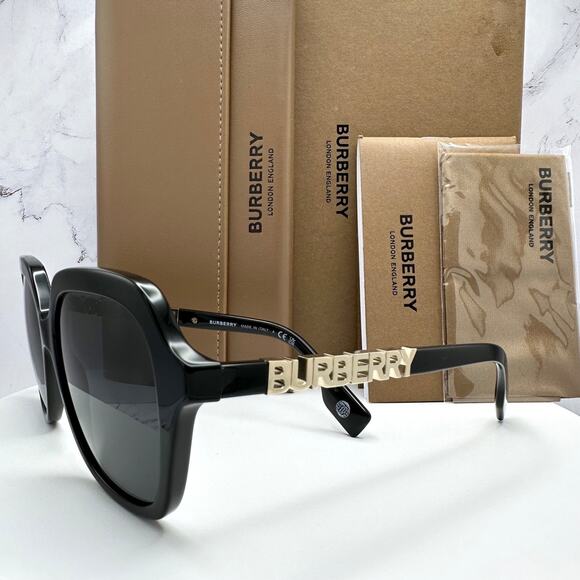 New Burberry Sunglasses Black Square Gold Metal Cut Out BURBERRY Logo Womens - Picture 13 of 16